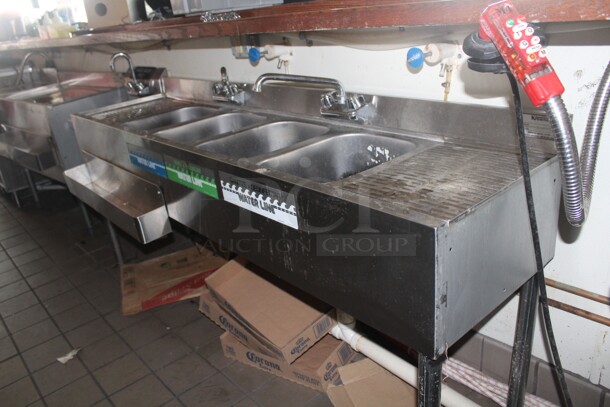 FANTASTIC! Krowne Model 18-54C Commercial Stainless Steel 4 Compartment Underbar Sink With Drainboards,Two Faucets And Speedrail. 72x18x32. Buyer Must Remove! - Image 2 of 5