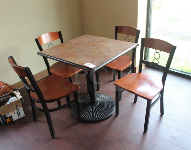 ALL ONE MONEY! 1 Commercial Dining Table (30x30x31) And 4 Commercial Dining Chairs (17x20x32). 