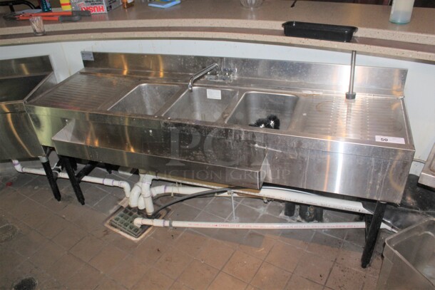 SUPER! Supreme Metal Commercial Stainless Steel 3 Compartment Underbar Sink With Drainboards and Speedrail. 71x21x31. Buyer Must Remove. 