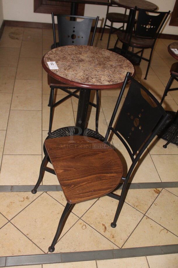 ALL ONE MONEY! 1 Commercial Cafe Table (24x24x30) And 2 Commercial Chairs. (17x18x33). 