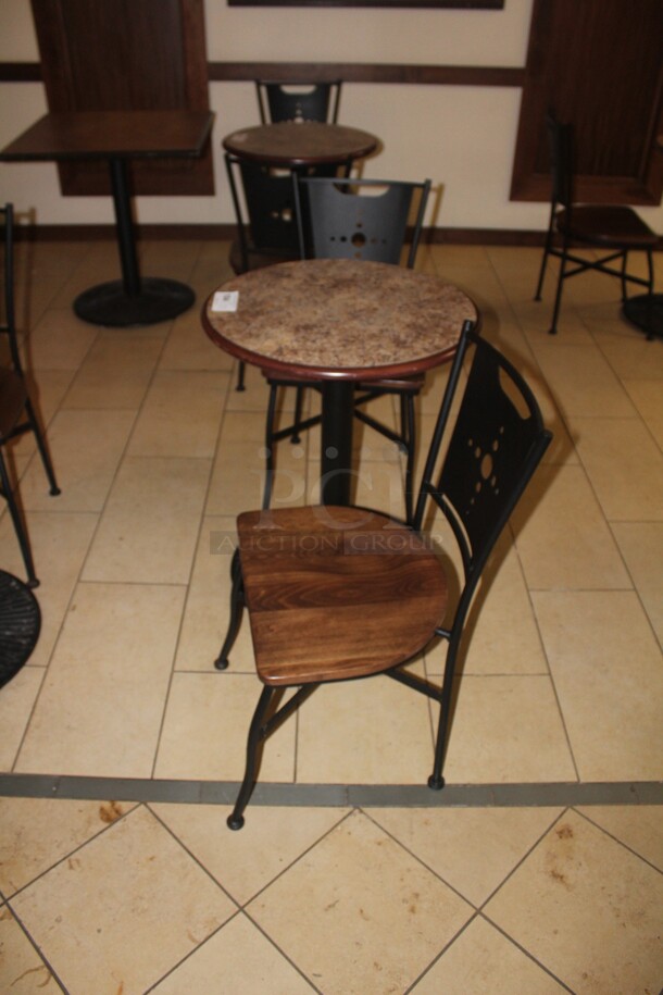 ALL ONE MONEY! 1 Commercial Cafe Table (24x24x30) And 2 Commercial Dining Chairs (17x18x33). 