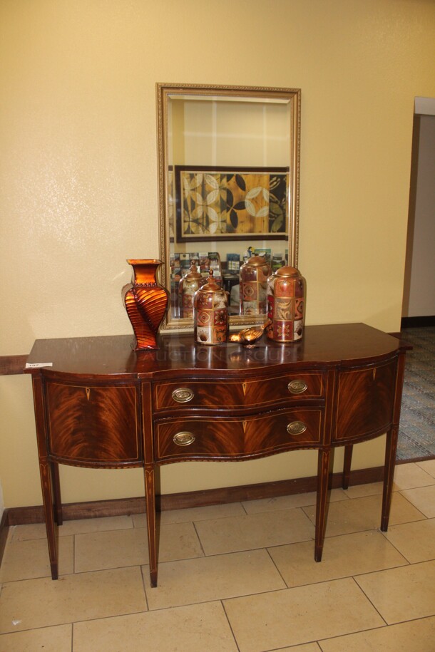 ALL ONE MONEY! 1 Console Table (66x35x38), 3 Vases, Decorative Bird And Wall Mirror. 