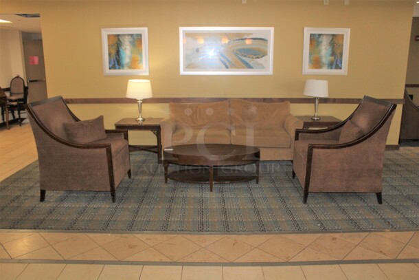 ALL ONE MONEY! Loveseat, 2 Chairs, 1 Coffee Table , 2 End Tables, And 2 Lamps. Buyer Must Remove! - Image 1 of 7