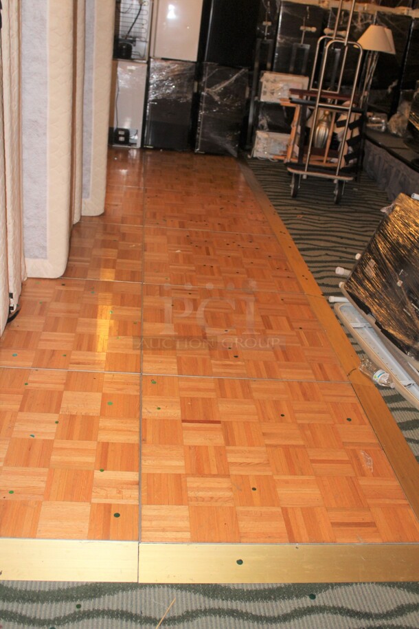 GREAT FIND! 30 Squares Of Parquet  Portable Dance Floor Pieces. Includes Corners.  (37x37x2 each) 30X Your Bid! Buyer Must Remove.  - Image 3 of 3