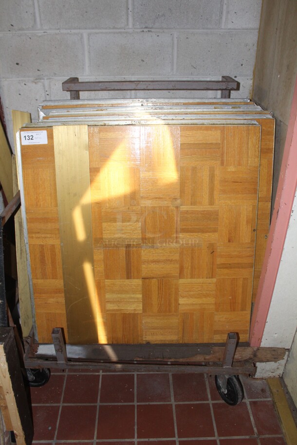 10 Pieces Of Parquet Portable Dance Floor Pieces And Cart (37x37x2 each). 10X Your Bid!  Buyer Must Remove. 
