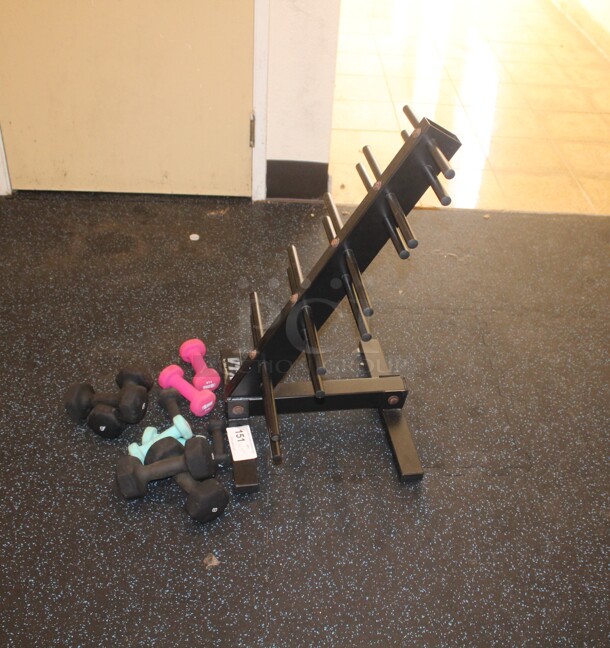 SUPER FIND! Barbell Rack And Weights. 18x16x30. Buyer Must Remove. 