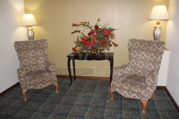 ALL ONE MONEY! 2 Chairs, Console Table, Flower Arrangement And Two Lamps. Buyer Must Remove. 