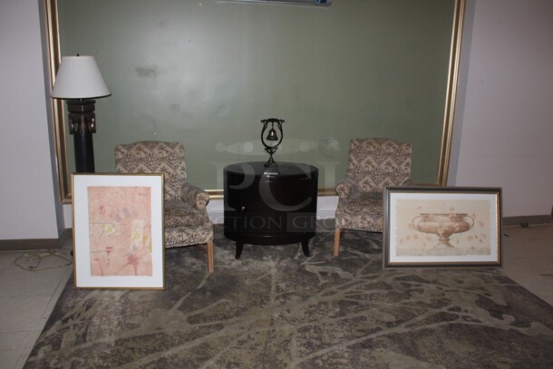 ALL ONE MONEY! 2 Chairs, 1 Lamp, 1 Table, Bell, 2 Prints. Buyer Must Remove. 