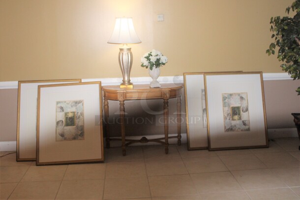 ALL ONE MONEY! 4 Artwork Prints, Console Table, Lamp, Flower Arrangement. Buyer Must Remove. 