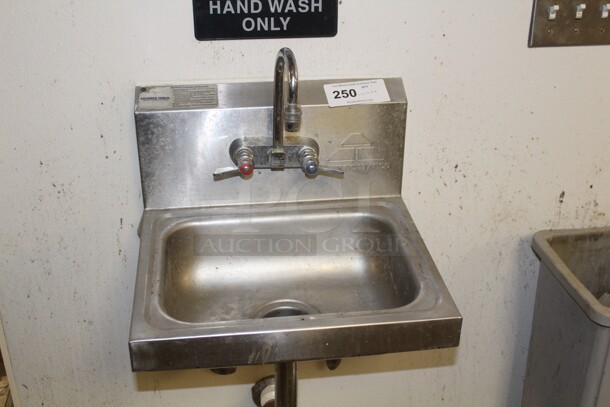 GREAT FIND! Commercial Stainless Steel Wall Mount Hand Sink With Gooseneck Faucet. 17x16x16. Buyer Must Remove.  - Image 1 of 2