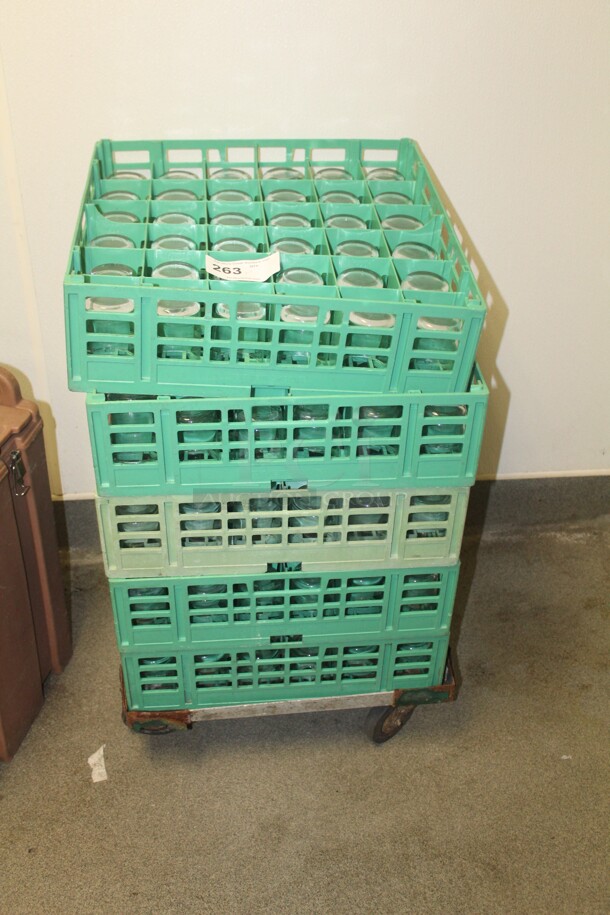 5 Commercial Glass Crates With Glasses And Dollie. 5X Your Bid! 