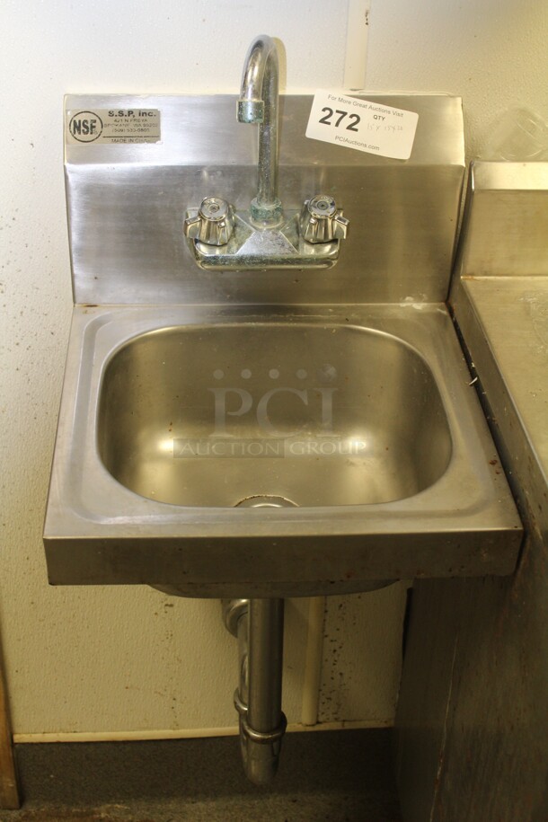 NICE! S.S.P. Inc. Commercial Stainless Steel Wall Mount Hand Sink With Gooseneck Faucet. 15x15x20. Buyer Must Remove! 