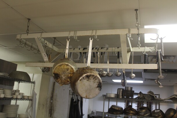 ALL ONE MONEY! Commercial Pot Rack With Pots and Kitchen Accessories. Buyer Must Remove. 