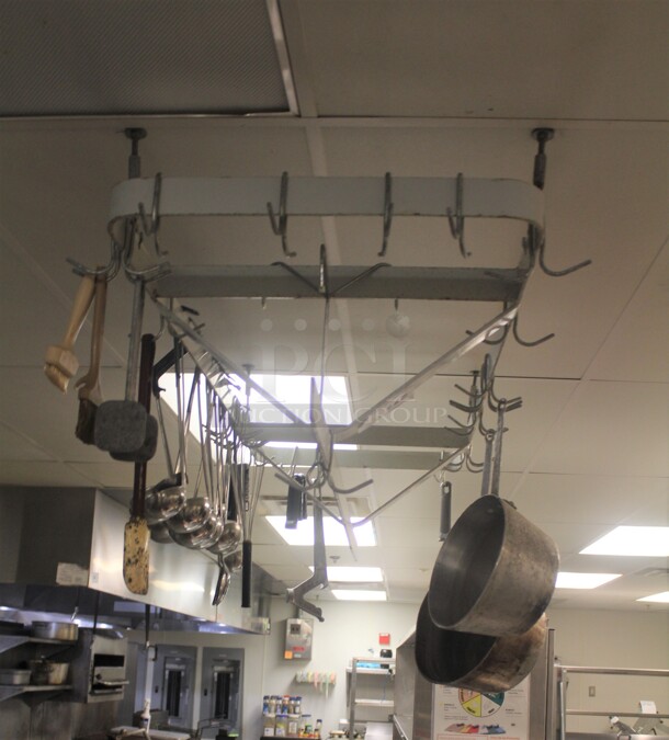 ALL ONE MONEY! Commercial Pot Rack With Pots and Kitchen Accessories. Buyer Must Remove.  - Image 2 of 3