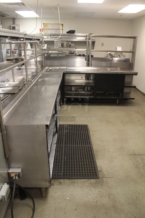 HUGE! Commercial Stainless Steel L-Shaped Food Warming/Prep Tables With Shelves. 135x122x66. Working When Closed! Buyer Must Disassemble Remove. Please See All Photos As This Is A Very Large Item.  - Image 6 of 11