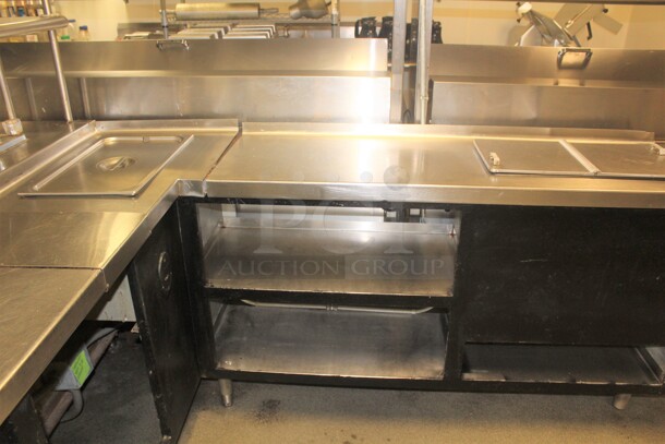 HUGE! Commercial Stainless Steel L-Shaped Food Warming/Prep Tables With Shelves. 135x122x66. Working When Closed! Buyer Must Disassemble Remove. Please See All Photos As This Is A Very Large Item.  - Image 9 of 11