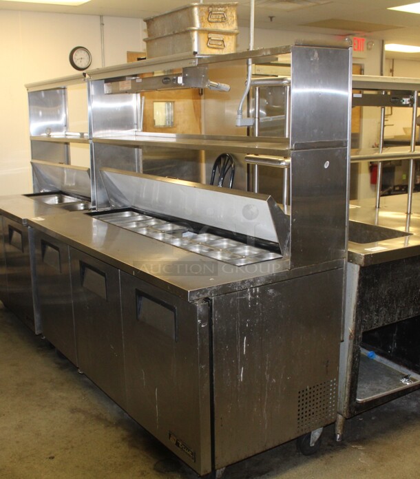 AWESOME! True Model TSSU-72-18 Commercial Stainless Steel Sandwich/Salad Prep Table On Commercial Casters With Shelves And Superior Model FD-36 Overhead Warmer. 72x31x49. 115V/60Hz. Working When Closed! Buyer Must Remove. 