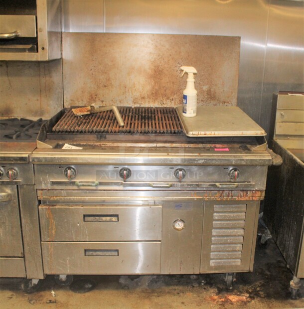 WOW! Commercial Stainless Steel Natural Gas Chargriller On Chef Base With Drawers On Commercial Casters. 52x38x60. Working When Closed! Buyer Must Remove. 