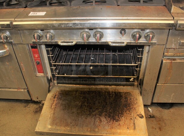 FANTASTIC! Blodgett Commercial Stainless Steel Natural Gas 6 Burner Range With Oven And Salamander. 36x39x75. Working When Closed! Buyer Must Remove.  - Image 2 of 4