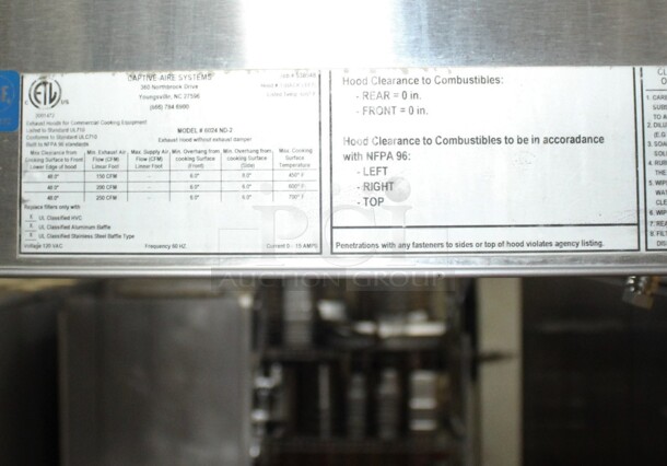 WOW! Captive Aire Model 6024 ND-2 Commercial Stainless Steel 10.5 Foot Grease/Exhaust Hood. 10.5ftx5ftx6ft. Hood Will Be Dropped Before Pick Up Day, Buyer Must Remove From Building.  - Image 2 of 5