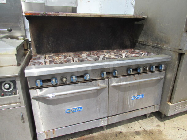 One Royal Natural Gas 10 Burner  Range With Over Shelf. 60X33X56. Unable to Test.