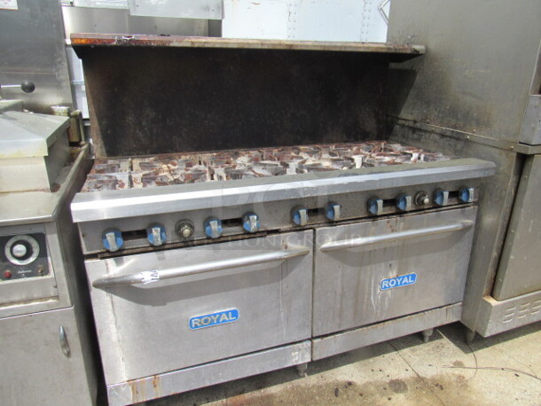 One Royal Natural Gas 10 Burner  Range With Over Shelf. 60X33X56. Unable to Test. - Image 1 of 3