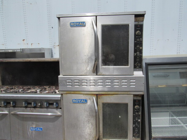One Royal Double Stack Full Size Natural Gas Convection Oven. 38X41X75. Missing 2 Knobs. Unable to Test.