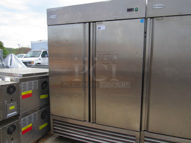 One Stainless Serv Ware 2 Door Refrigerator, With 2 Racks On Casters. WORKING NOT COLD! Model# RR-2. 115 Volt. 53.5X32.5X83