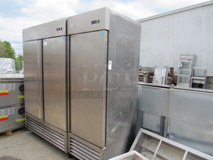 One Stainless Serv Ware 1 Door Refrigerator, With 4 Racks. Model# RR-1. 115 Volt. WORKING!!! 27X32.5X83