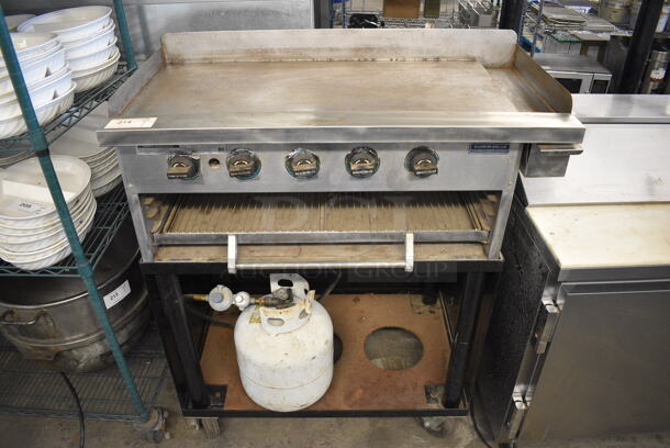 GREAT! Rankin Delux Model GB-36-C Stainless Steel Commercial Propane Gas Powered Flat Top Griddle on Stand w/ Commercial Casters. 40x25x50