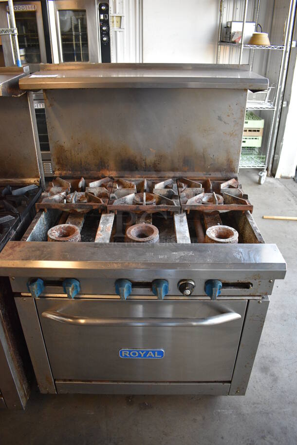 GREAT! Royal Model RR-6 Stainless Steel Commercial Propane Gas Powered 6 Burner Range w/ Oven, Backsplash and Overshelf. Missing 3 Grates. 30,000 BTU. 36x31.5x55 - Image 1 of 7