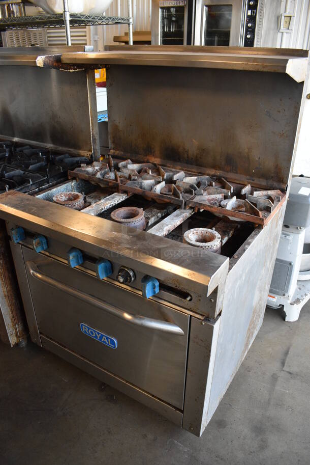 GREAT! Royal Model RR-6 Stainless Steel Commercial Propane Gas Powered 6 Burner Range w/ Oven, Backsplash and Overshelf. Missing 3 Grates. 30,000 BTU. 36x31.5x55 - Image 3 of 7