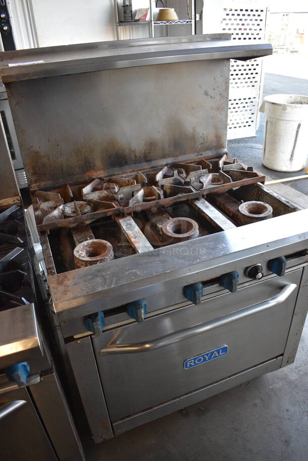 GREAT! Royal Model RR-6 Stainless Steel Commercial Propane Gas Powered 6 Burner Range w/ Oven, Backsplash and Overshelf. Missing 3 Grates. 30,000 BTU. 36x31.5x55 - Image 4 of 7