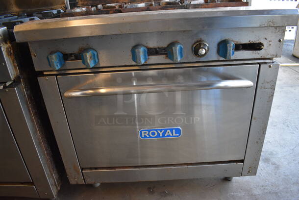 GREAT! Royal Model RR-6 Stainless Steel Commercial Propane Gas Powered 6 Burner Range w/ Oven, Backsplash and Overshelf. Missing 3 Grates. 30,000 BTU. 36x31.5x55 - Image 5 of 7