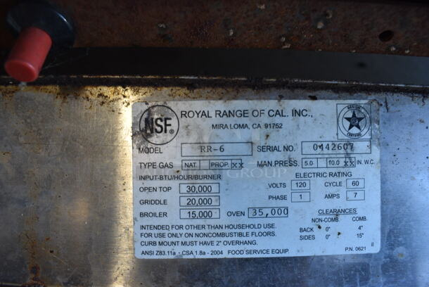 GREAT! Royal Model RR-6 Stainless Steel Commercial Propane Gas Powered 6 Burner Range w/ Oven, Backsplash and Overshelf. Missing 3 Grates. 30,000 BTU. 36x31.5x55 - Image 7 of 7