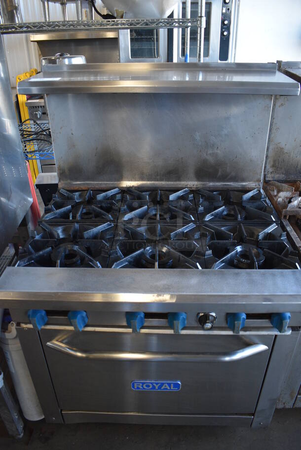 GREAT! Royal Model RR-6 Stainless Steel Commercial Propane Gas Powered 6 Burner Range w/ Oven, Backsplash and Overshelf. 30,000 BTU. 36x31.5x55