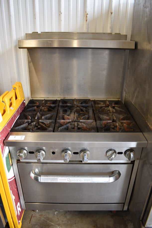 SWEET! Qualite Stainless Steel Commercial Natural Gas Powered 6 Burner Range w/ Oven, Backsplash and Overshelf. 36x34x60