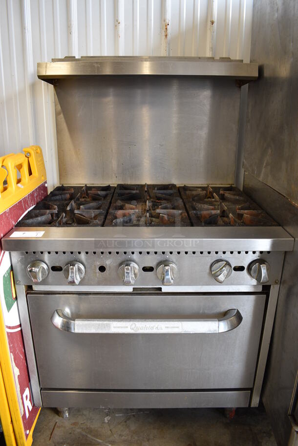 SWEET! Qualite Stainless Steel Commercial Natural Gas Powered 6 Burner Range w/ Oven, Backsplash and Overshelf. 36x34x60 - Image 2 of 7