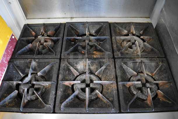 SWEET! Qualite Stainless Steel Commercial Natural Gas Powered 6 Burner Range w/ Oven, Backsplash and Overshelf. 36x34x60 - Image 6 of 7