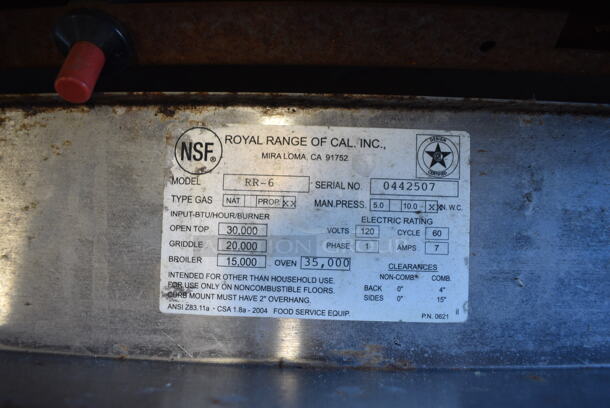 GREAT! Royal Model RR-6 Stainless Steel Commercial Propane Gas Powered 6 Burner Range w/ Oven, Backsplash and Overshelf. 30,000 BTU. 36x31.5x55 - Image 7 of 7