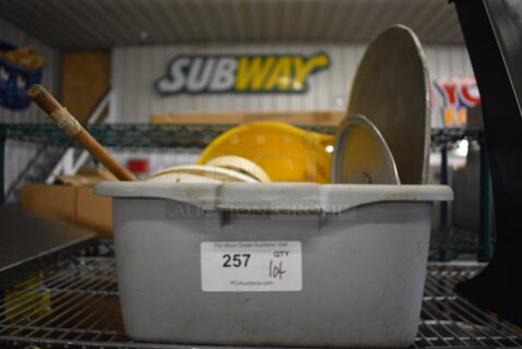 ALL ONE MONEY! Lot of Various Items Including Lids in Gray Poly Bus Bin!