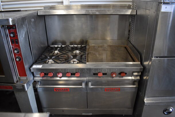 BEAUTIFUL! Vulcan Stainless Steel Commercial Natural Gas Powered 4 Burner Range, Flat Top Griddle, 2 Ovens, Backsplash and Overshelf. 48x31.5x60.5 - Image 1 of 9