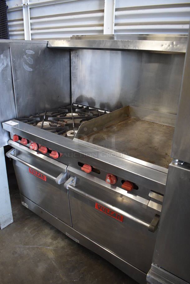 BEAUTIFUL! Vulcan Stainless Steel Commercial Natural Gas Powered 4 Burner Range, Flat Top Griddle, 2 Ovens, Backsplash and Overshelf. 48x31.5x60.5 - Image 2 of 9