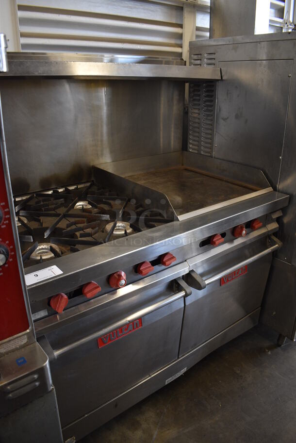 BEAUTIFUL! Vulcan Stainless Steel Commercial Natural Gas Powered 4 Burner Range, Flat Top Griddle, 2 Ovens, Backsplash and Overshelf. 48x31.5x60.5 - Image 8 of 9