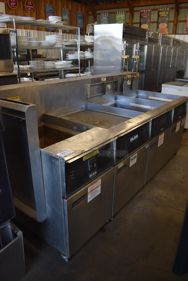 BEAUTIFUL! Giles Model EOF-24 Stainless Steel Commercial Electric Powered 3 Bay Deep Fat Fryer w/ Dumping Station on Commercial Casters. 480 Volts, 3 Phase. 97.5x41x57 - Image 9 of 10