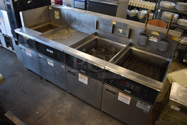 BEAUTIFUL! Giles Model EOF-24 Stainless Steel Commercial Electric Powered 3 Bay Deep Fat Fryer w/ Dumping Station on Commercial Casters. 480 Volts, 3 Phase. 97.5x41x57