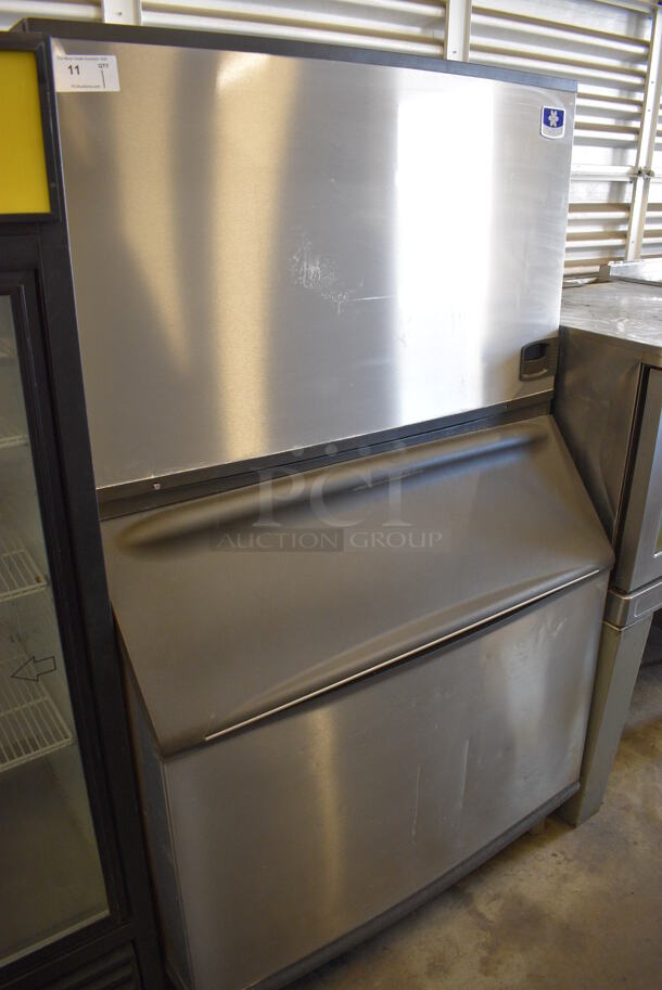 FANTASTIC! 2016 Manitowoc Model IY1496N-261 ENERGY STAR Stainless Steel Commercial Ice Machine Head on Stainless Steel Commercial Ice Bin w/ Manitowoc Model JC1395-261 Metal Commercial Remote Fan. 208-230 Volts, 1 Phase. 48x36x80, 30x30x32