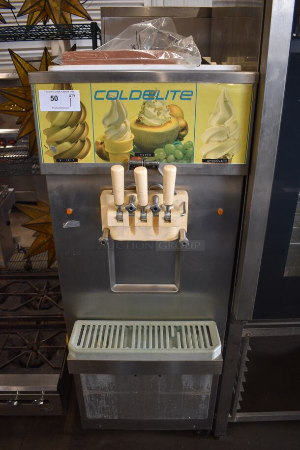 WOW! Coldelite Model UF253PT Stainless Steel Commercial Floor Style 2 Flavor w/ Twist Soft Serve Ice Cream Machine on Commercial Casters. 208/230 Volts, 3 Phase. 22x35x65 