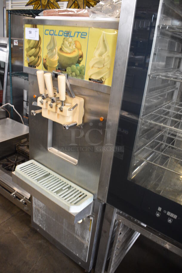 WOW! Coldelite Model UF253PT Stainless Steel Commercial Floor Style 2 Flavor w/ Twist Soft Serve Ice Cream Machine on Commercial Casters. 208/230 Volts, 3 Phase. 22x35x65  - Image 2 of 10