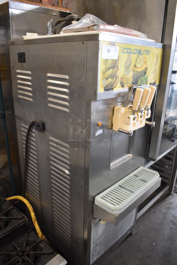 WOW! Coldelite Model UF253PT Stainless Steel Commercial Floor Style 2 Flavor w/ Twist Soft Serve Ice Cream Machine on Commercial Casters. 208/230 Volts, 3 Phase. 22x35x65  - Image 4 of 10
